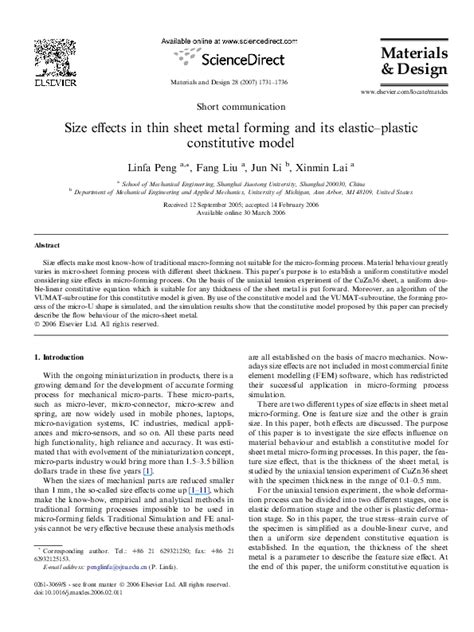 Size effects in thin sheet metal forming and its elastic–plastic 